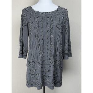Lauren Michelle Embroidered Gray Black White Tunic Top Size L Stretch Long Boho
